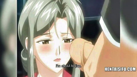 Silver-haired anime teacher blushing while touching man's cock in The Milky Teacher hentai