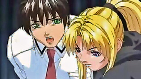 Anime couple close-up: black-haired guy and blonde ponytail girl in hoodie, shocked expressions