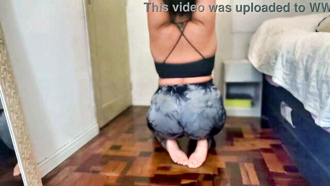 Black BBW's huge ass in tight leggings, kneeling fart fetish pose