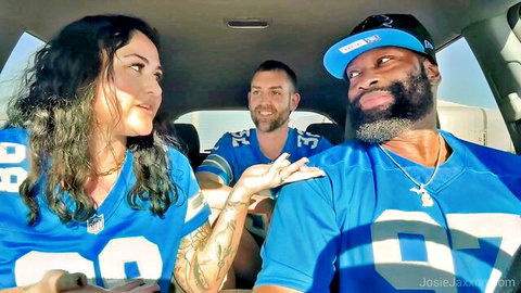 Brunette in Lions jersey with BBC bull and bearded cuck in car post-game