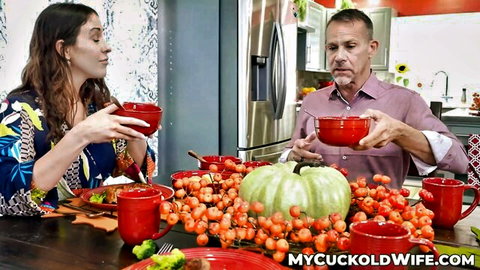 Aimee Cambridge and husband enjoy holiday soup dinner in cuckold setup