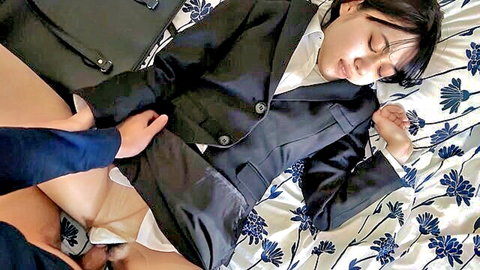 Young Japanese secretary in black suit lying asleep on bed skirt hiked up white panties exposed groped by hand