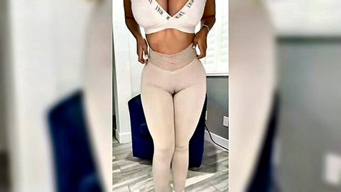 Curvy black woman in tight beige leggings and white crop top showing off huge ass