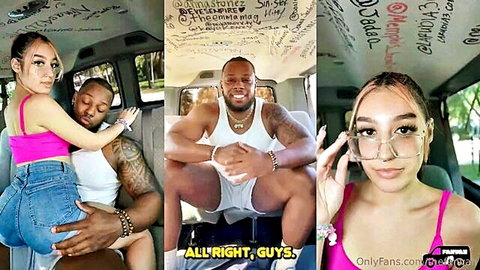 Sexy Latina in pink top hugs muscular Black stud in white tank inside graffiti van