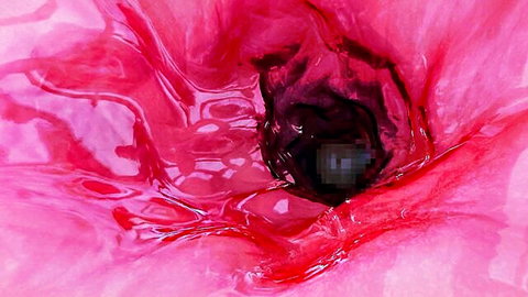 Extreme closeup of dripping wet pink pussy with tight dark hole and glossy labia folds