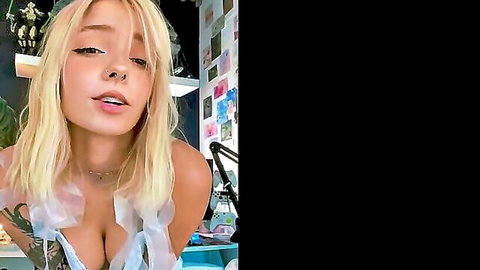 Blonde in sheer top plays talkative JOI game solo