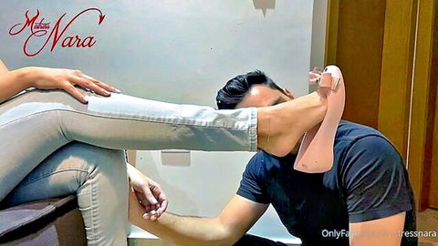 Ms Nara in pink heels for foot worship domination