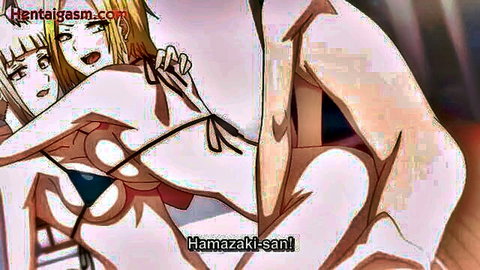 Busty blonde and white-haired hentai girls in bikinis threesome with man, Hamazaki-san