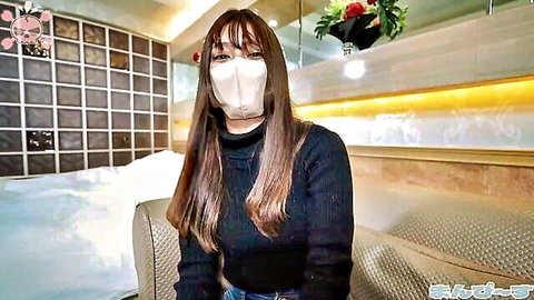 Asian woman with long black hair in mask and black turtleneck, amateur JAV style