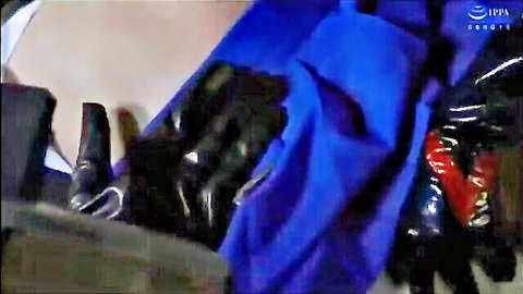 Mystery Asian babe in shiny black latex gloves and red boots on blue fabric, fetish tease