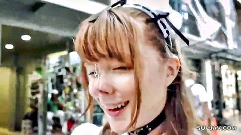 Cute Asian redhead with bow headband and choker smiles in white dress JAV thumbnail
