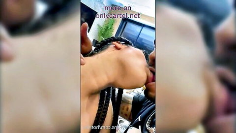 Ebony woman with braids deepthroating thick cock as man grips her head pushing down