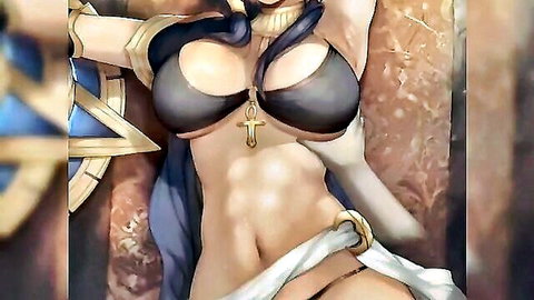 Busty anime babe in skimpy Egyptian bikini top overflowing with huge tits and toned abs