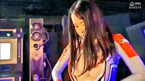 Asian heroine in revealing sci-fi costume showing deep cleavage