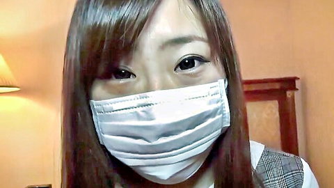 Shy Japanese college student Tomoka in white mask, seductive eyes in amateur JAV