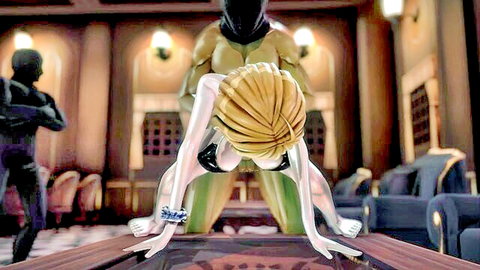 3D hentai blonde babe with big tits and ass bent over doggystyle as green orc grabs her hips in courtroom