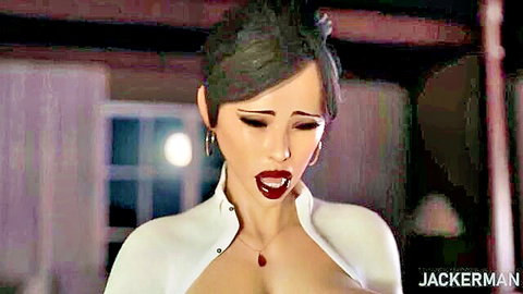 3D hentai babe with massive tits exposing huge boobs in open white blouse seductively.