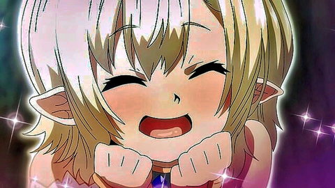 Cute blonde elf anime girl smiling excitedly with open mouth and sparkly eyes