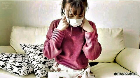 Cute Japanese wife in pink sweater adjusting mask, JAV anal creampie tease