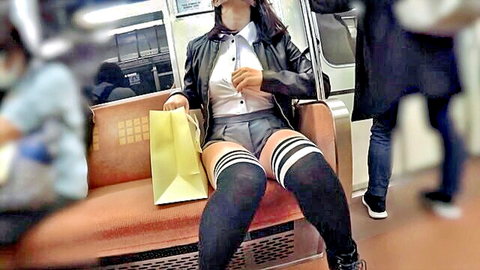 Asian woman in short skirt and striped stockings on subway seat