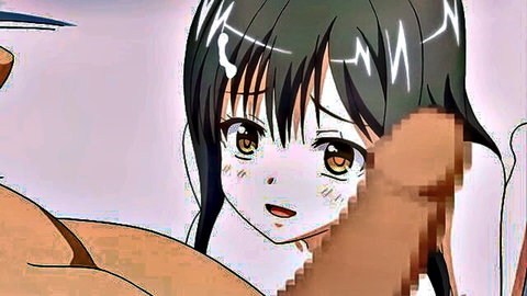 Anime hentai girl with black hair smiling during censored blowjob scene