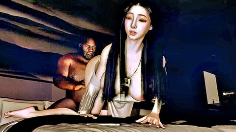 3D animated Asian woman with big tits in doggy style interracial sex