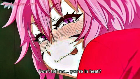 Blushing pink-haired catgirl in red top from Kemonokko Tsuushin Hentai
