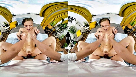 Blonde woman and muscular man in intense morning missionary sex