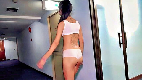 Cute Asian teen in white crop top and pink panties, back view with tattoo