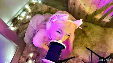 Blonde catgirl in tight top sucks on black microphone in teasing ASMR blowjob simulation
