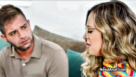 Blonde in glasses gives deepthroat before anal reward with man