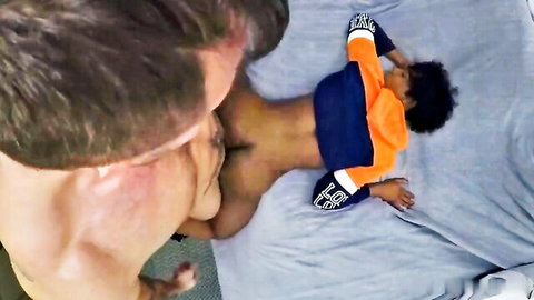 Muscular white DILF POV eyeing young black twink's bare spread ass in orange hoodie ready for gay fuck