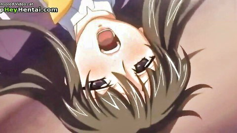 Busty anime teen in yellow top with open mouth, hentai creampie scene