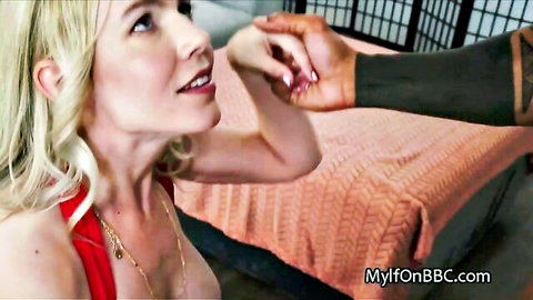 Big-titted blonde MILF sloppy deepthroating huge BBC in red dress