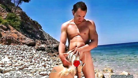 Mia Magma nude outdoor sex on paradise beach with muscular man
