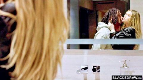 Angie Faith passionately kissing black stud in mirror, blonde babe in leather jacket