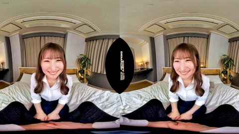 Smiling Asian woman in blouse and stockings on bed, VR POV solo tease