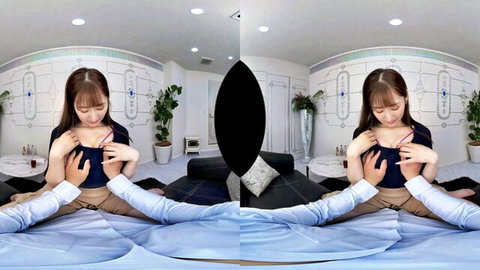 VR POV Asian woman in black top spreading legs with hands on thighs
