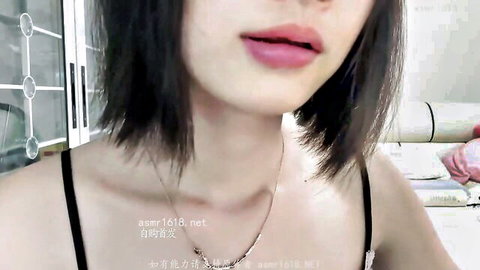 ASMR Nana's sensual ebony charm in homemade close-up, pink lips and black camisole
