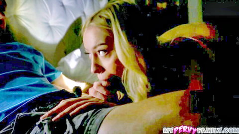 Skyler Storm giving oral to older man on bed, blonde teen blowjob