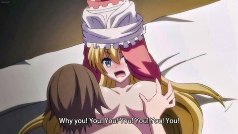 Blonde JAV actress in cake hat, topless embracing partner on bed