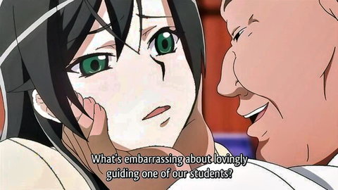 Embarrassed anime schoolgirl touched by smiling older man in close conversation