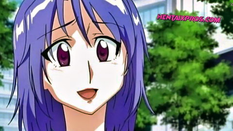 Purple-haired hentai girl with surprised smile in outdoor scene