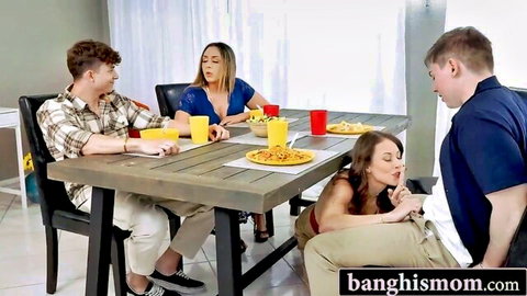 Dinner table orgy with lusty MILFs and stepsons in steamy foursome