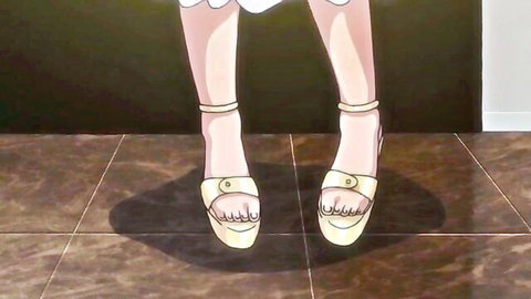 Anime wife in white dress and high heels, close-up on legs and feet