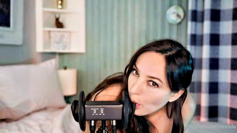Orenda ASMR dirty talk blowjob simulation, close-up tease with open mouth