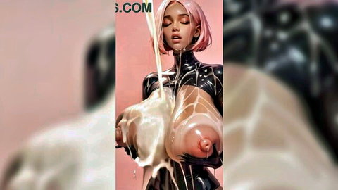 Ebony AI beauty with pink hair, massive milk-covered tits in shiny latex