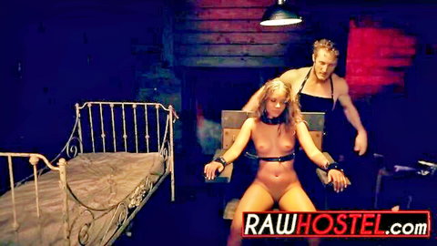 Blonde slut bound nude in chair, muscular man punishes her in BDSM scene
