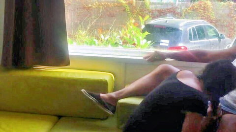 Wife risks blowjob near camper van window with car outside view