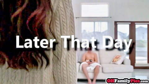 Stepsister in sweater teases shirtless stepbrother on couch later that day